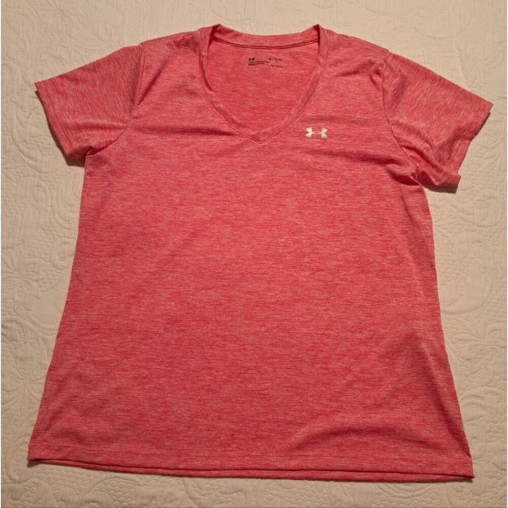 Under Armour women's size XL loose neon red v neck shirt heat gear, EUC